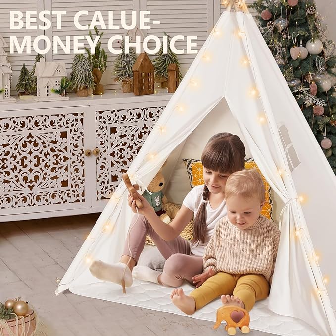 Sumbababy Teepee Tent for Kids Tent Indoor with Mat - 100% Cotton White Toddler Tee Pee Tents Play House- Collapsible Tents for Slumber Party - Washable Tipi Boho Bedroom Gift Toys for Girls & Boys