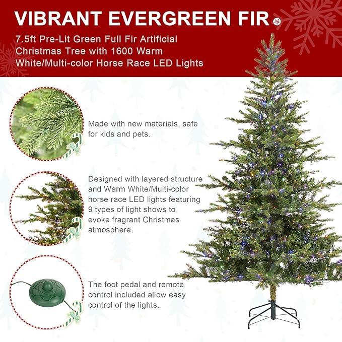 Glitzhome Prelit Christmas Tree, 7.5ft Green Full Christmas Tree Vibrant Evergreen Fir with 1600 Warm White/Multi-Color Horse Race LED Lights, 9 Function w/Foot Pedal and Remote Control,Easy Assembly