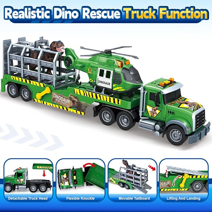 SpringFlower Carrier Dino Truck Kids Toys, 24“ Semi Truck Toy with Helicopter & Dino Toy with Lights, Sounds, Vehicle Toy for Toddlers 3 4 5 6 7, Birthday Gifts for Kids
