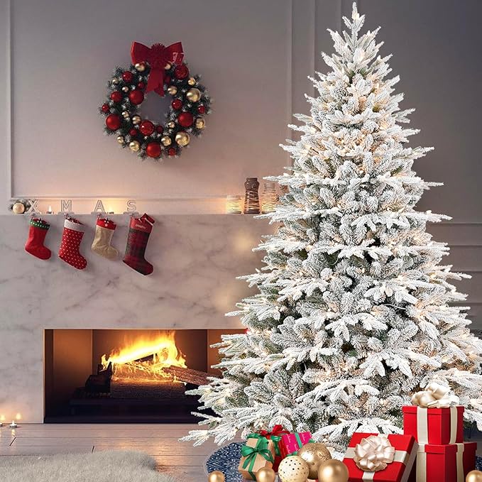 7.5ft Prelit Flocked Artificial Christmas Tree with 3280 PE PVC Tips, Premium Snow Pre-Lit Holiday Xmas Tree with 650 UL Incandescent Lights, Foldable Base for Home Office Part