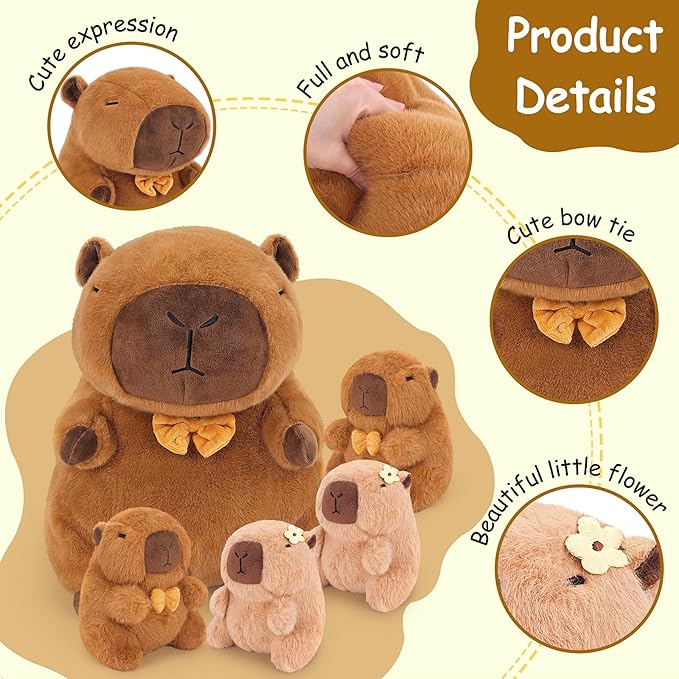 Achwishap 5PCS Capybara Plush,Capybara Stuffed Animal Mommy with 4 Capybara Babies Plush Toy,Cute Plushie Capybara Hugging Pillow Cuddle Plushie for Kids Girls Boys Gifts(Capybara Family,16”,Brown)