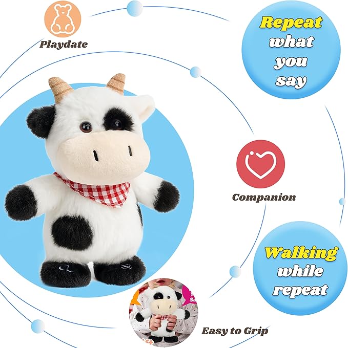 Hopearl Talking Singing Cow with Red Bib Repeats What You Say Walking Dairy Cattle Electric Interactive Animated Toy Speaking Plush Buddy Gifts for Toddlers, 9''