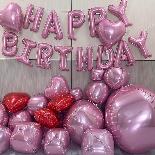 Pink Birthday Decorations with 16pcs Large 4D Foil Balloons in Different Size (10-50 Inch) + 6pcs 18" Heart Balloons + 16” Happy Birthday Banner for Indoor Outdoor Party Decorations (Pink)
