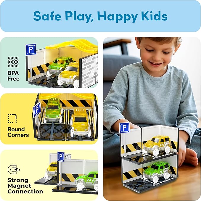 PicassoTiles Magnetic Tiles Race Car Track Kit Parking Garage Expansion Pack with 2 Cars Magnet Tile Building Blocks Educational Toy Learning Kit Pretend Play Construction Set Kids Child Ages 3+ PTR07