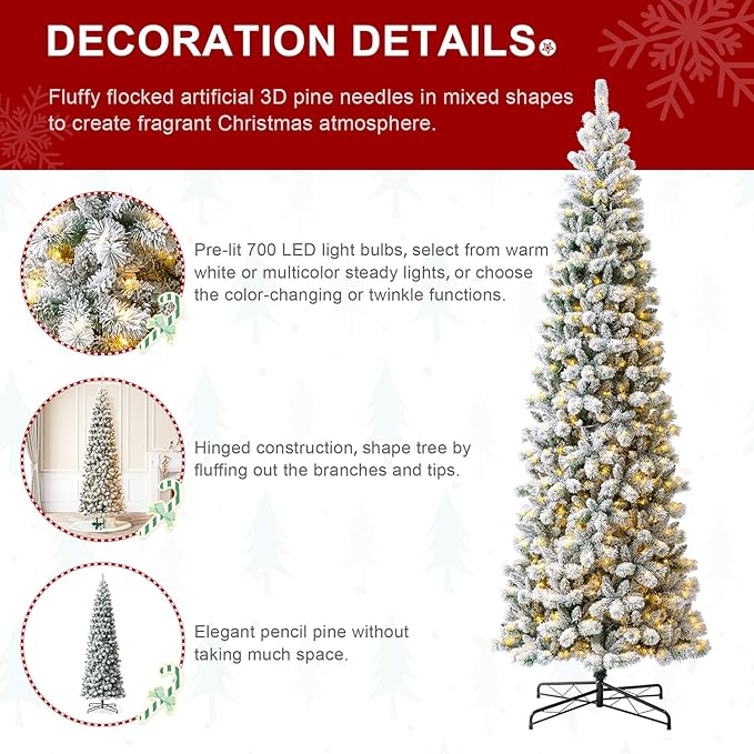 Glitzhome 11ft Prelit Artificial Christmas Tree, Flocked Pencil Christmas Tree with 700 Warm White/Multi-Color Lights, Remote Controlled Slim Pine Christmas Tree with Lights for Indoor Holiday Decor