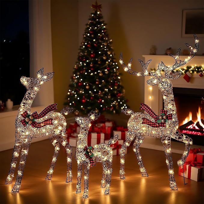 3-Piece 3D Christmas Deer Family Set, Lighted Christmas Decoration with 225 LED Lights, Christmas Decor Reindeer for Indoor Outdoor Yard Porch, Rattan