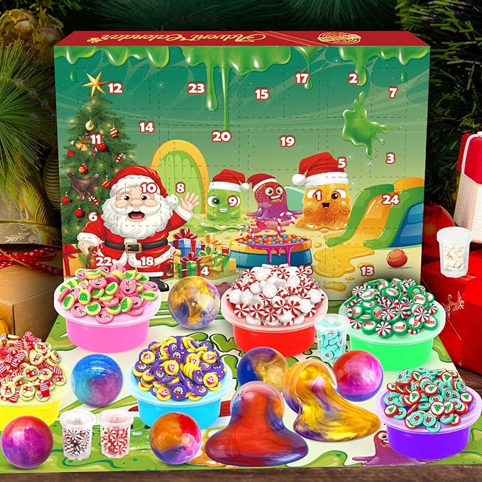 Advent Calendar 2025 Slime Christmas Countdown Calendars 24 Days of Surprises with DIY Clay Fluffy Slime Kit Gifts for Toddler Kids Boys Girls 4 5 6 7 8 9 10 11 12 Year Old Classroom Prizes
