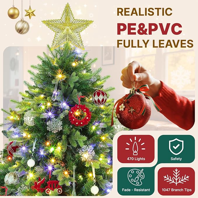 7.5FT Christmas Tree with Auto-Rotating Stand, Green Pre-Lit Artificial Xmas Trees with Remote & Music Function, PE&PVC, 1470 Branch Tips, 470 LEDs, Warm & Multi-Color Light, 8 Lighting Modes