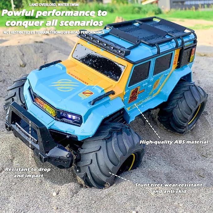 Amphibious Remote Control Car Waterproof Monster RC Cars 4WD All Terrain Off-Road Stunt Vehicle Toys with 2.4 GHz LED Lights for 6 7 8 9 10 11 12+ Year Old Kids Boys Girls Gifts Presents (Blue)