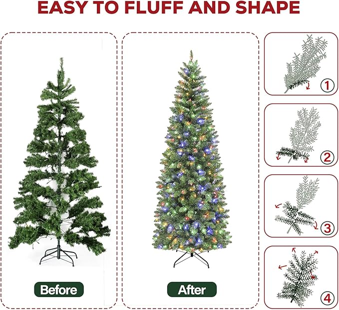 Hykolity 6ft Prelit Pencil Slim Christmas Tree with 200 Color Changing LED Lights, 544 Branch Tips, Metal Stand and Hinged Branches, 10 Color Modes