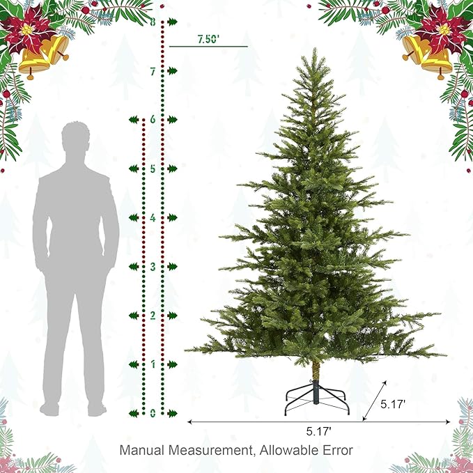 Glitzhome Prelit Christmas Tree, 7.5ft Green Full Christmas Tree Vibrant Evergreen Fir with 1600 Warm White/Multi-Color Horse Race LED Lights, 9 Function w/Foot Pedal and Remote Control,Easy Assembly