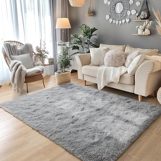 3x5 Grey Fluffy Bedside Area Rug Machine Washable, Small Shag Rugs Non Shedding for Living Room, Fluffy Carpet Anti Slip, Kids Playroom, Boy Girl Nursery