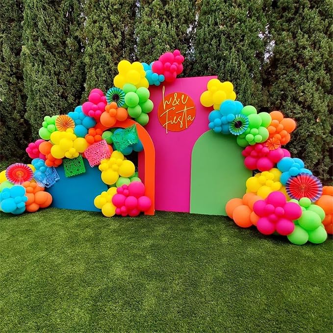 141 Pcs Summer Tropical Balloon Arch Garland Kit, Hot Pink Lime Green Orange Slate Blue Yellow Latex Rainbow Balloon Garland Kit for Hawaiian Luau Aloha Birthday Baby Shower Pool Party Decorations