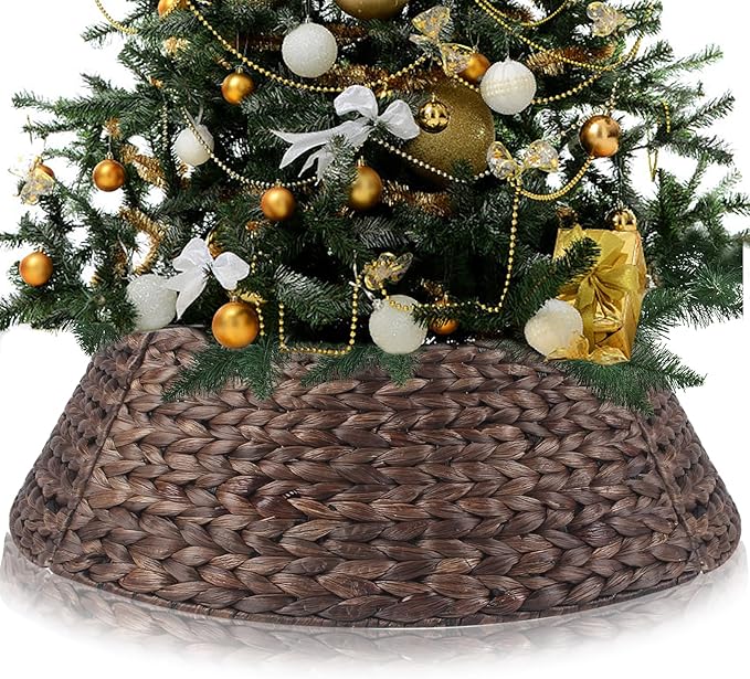 Christmas Tree Collar 24'' D Handmade Hyacinth Tree Collar Basket Rattan Wicker Christmas Woven Tree Ring Stand Base Cover for Christmas Holiday Decoration-Round Brown