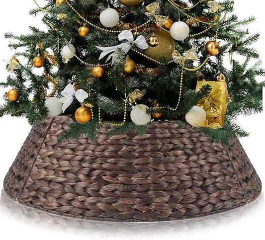 Christmas Tree Collar 24'' D Handmade Hyacinth Tree Collar Basket Rattan Wicker Christmas Woven Tree Ring Stand Base Cover for Christmas Holiday Decoration-Round Brown