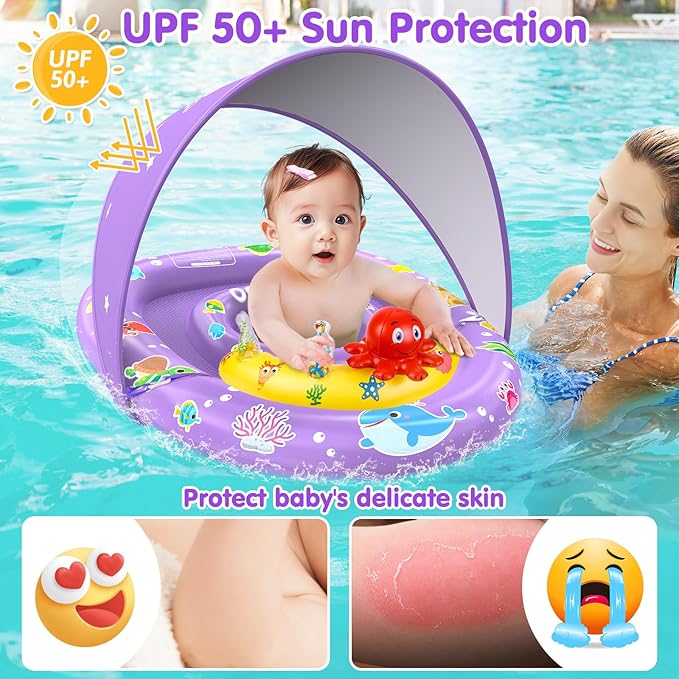 EZIGO Baby Pool Float with Canopy UPF 50+ Sun Protection, Double Air Chambers Infants Swimming Floats with Sound Toys Adjustable Safety Seat Toddler Float for Boys and Girls 6-36 Months