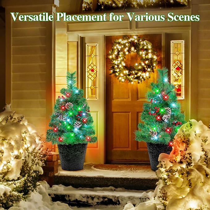 2 Pack of 28 INCH Pre-Lit Artificial Pathway Christmas Trees,Outdoor Christmas Tree for Porch,Yard,Driveway,Lighted Christmas Tree with Pine Cones,Red Berries and Red Ornaments Home Decoration