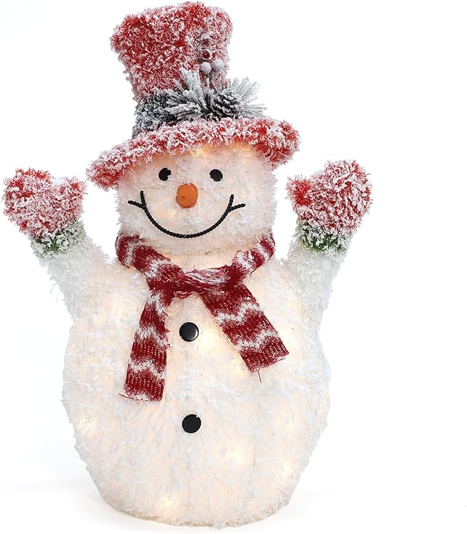 LuxenHome 2FT Lighted Snowman Outdoor Christmas Decorations, Battery Operated Frosted Snowman Christmas Decor with 35 LED Light, Xmas Decorations Outdoor, Indoor for Porch, Lawn Holiday Display