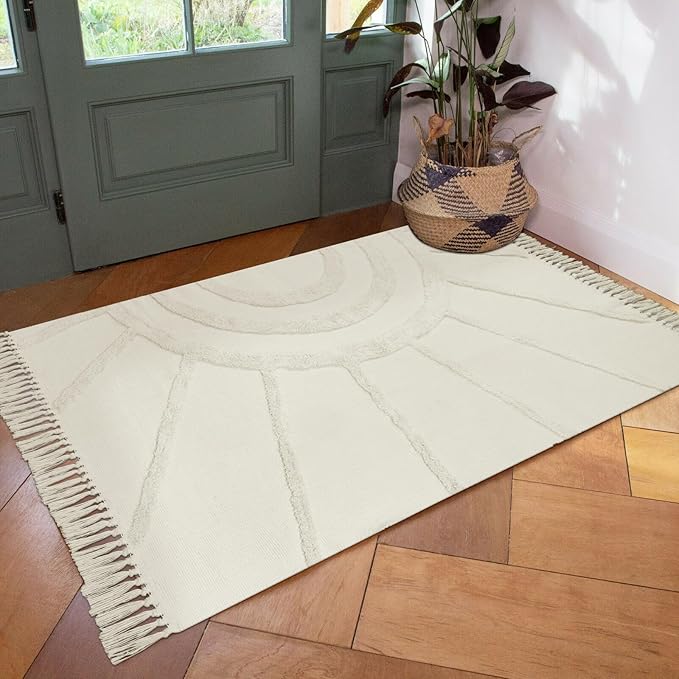OJIA Boho Area Rug 3'X5', Washable Rugs Entryway Rug Cotton Woven Bedroom Rug Farmhouse Accent Throw Rugs Bohemian Tufted Sun Rug Floor Carpet for Laundry Living Room Kitchen