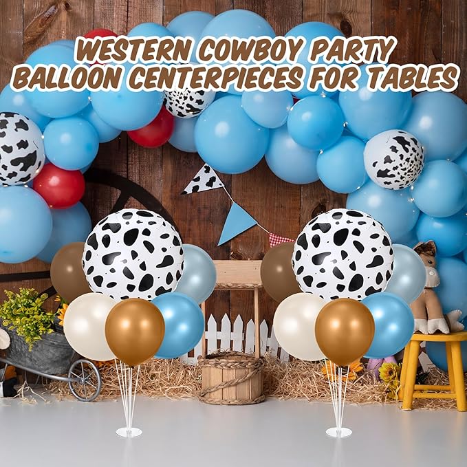 2 Sets Cowboy Party Decorations Table Centerpiece Blue Brown Neutral Balloon Stand Kit with Large Cow Print Foil Latex Balloon for Western Cowboy Farm Animal Baby Shower Birthday Supplies