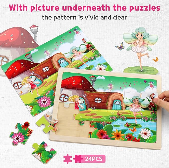 SYNARRY Large Unicorn Mermaid Princess Fairy Wooden Kids Puzzles 4 in 1 Gift Box(12.2 * 9.4 in) - FSC Certified, Wood Puzzles for Kids Ages 4-6, Toys Gifts for 3 4 5 Year Old Toddlers Girls