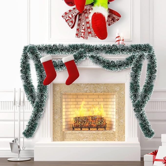 50FT Green Christmas Tinsel Garland Decorations to Christmas Tree, Thick and Thin Metallic Streamers Foil Tinsel Twist Garland Decor Home Indoor Outdoor Party Supplies