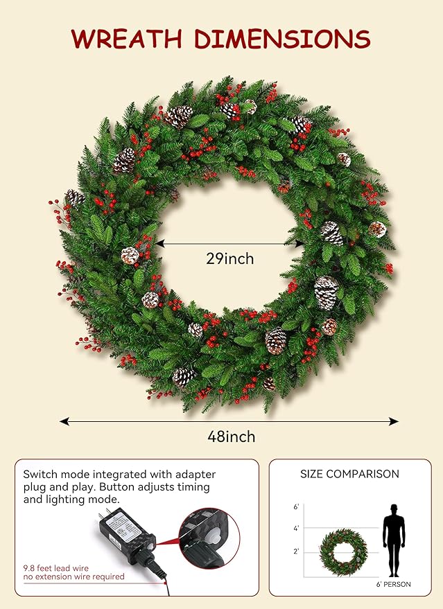 Brightown 48 Inch Large Pre-Lit Artificial Christmas Wreath,Outdoor Christmas Decorations with 200 LED Lights, Pine Cones & Berry Clusters,Outdoor Christmas Wreath for Door Wall Windows,Plug-in