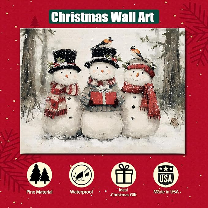 AbcCustomize Vintage Christmas Canvas Wall Art - Rustic Snowman Family Canvas Prints for Living Room Bedroom Home, Festive Winter Decor with Wooden Frame, Ideal Christmas Gifts & Holiday Decorations
