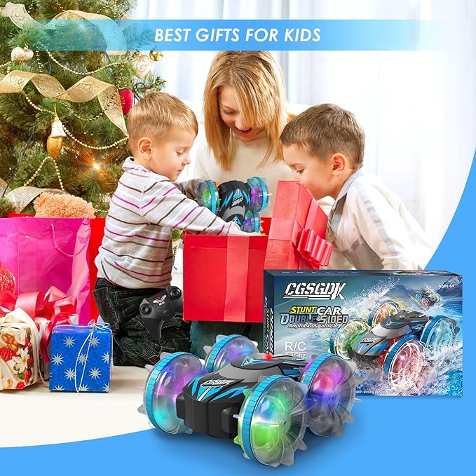 Beach Amphibious Remote Control Car Toys,2.4 GHz Remote Control Boat Waterproof, All Terrain RC Stunt Car with LED Lights, Land Water Boat Birthday Gifts Toys for 6-12 Year Old Boys Girls