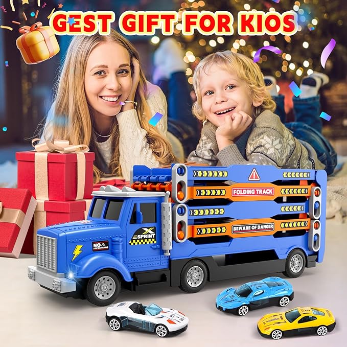HONGTUO Toddler Truck Track Set with Lights & Sounds – 55-Inch Racing Track with 6 Die-Cast Cars, Perfect Birthday for 3 4 5 6 7 Years Old Boys and Girls