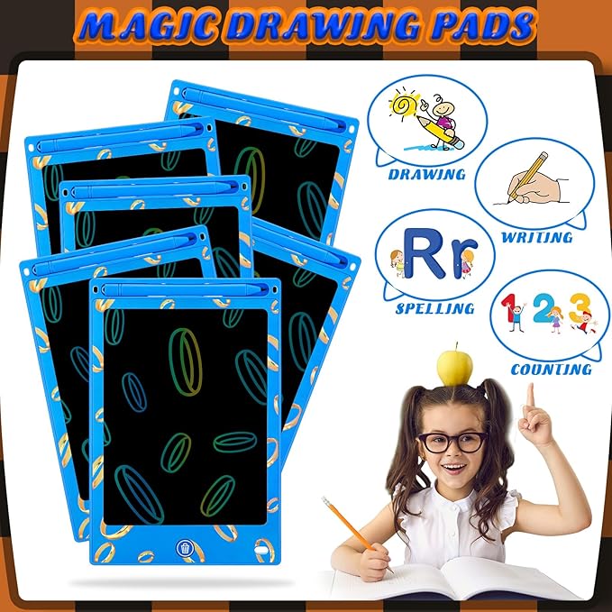 Nezyo 12 Pack Large Kids Party Favors Blue Golden Rings LCD Writing Tablet for Kids 8.5 Inch Drawing Tablet Erasable Reusable Electronic Drawing Pads for Birthday Supplies Gifts Goodie Bags Stuffers
