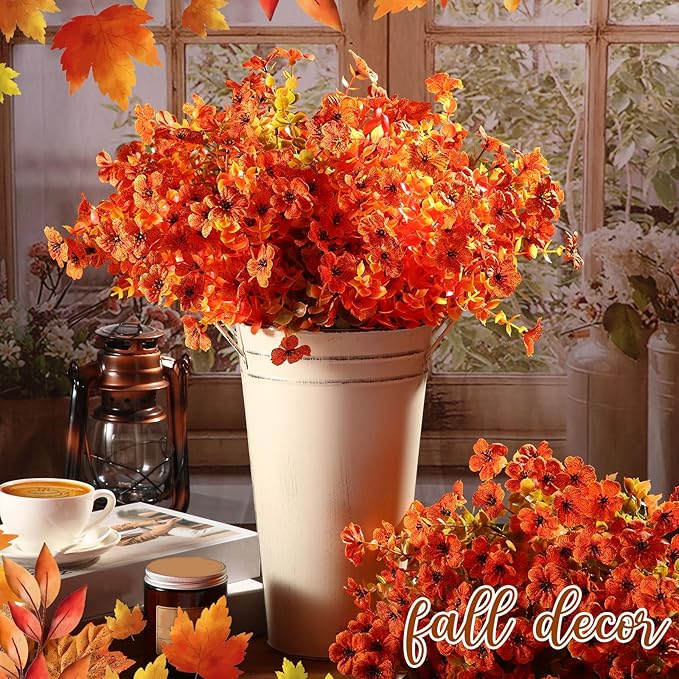 Zeyune 48 Bundles Fall Artificial Flowers Outdoor Decor, UV Resistant Fake Autumn Mums for Thanksgiving, Halloween Pumpkin Porch, Window Box, Patio and Garden Decoration (Orange and Red)
