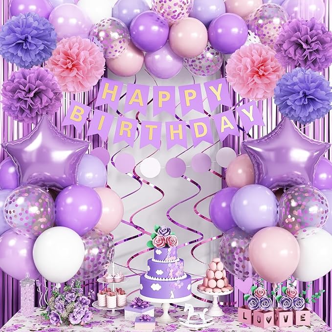 Pastel Pink Lilac White Balloon Arch Garland, Pale Purple Pink Happy Birthday Banner Foil Curtain Pompoms Hanging Swirl for Women Girls Birthday Party Decor