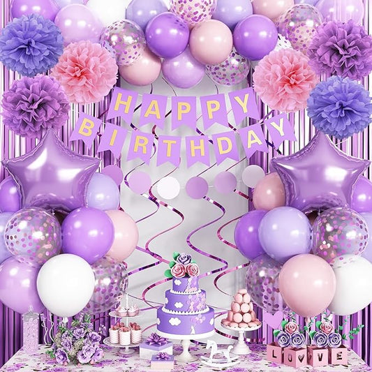 Pastel Pink Lilac White Balloon Arch Garland, Pale Purple Pink Happy Birthday Banner Foil Curtain Pompoms Hanging Swirl for Women Girls Birthday Party Decor