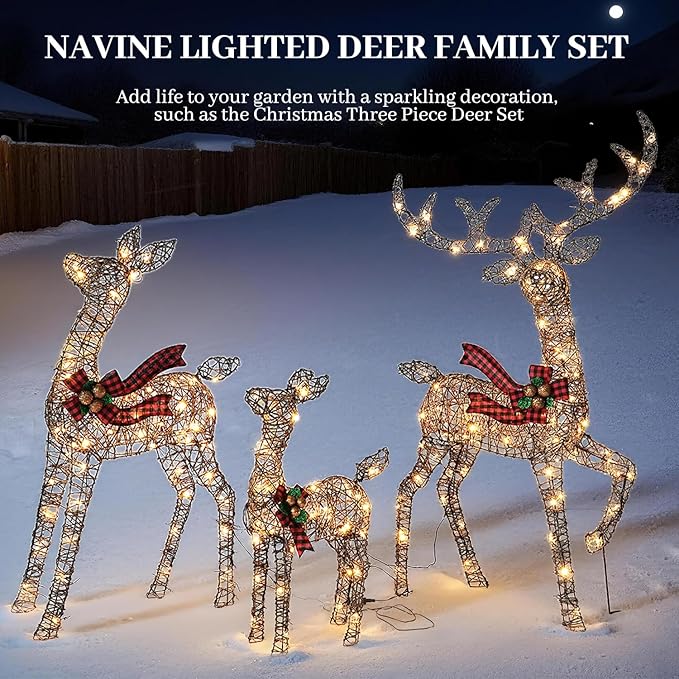 3-Piece 3D Christmas Deer Family Set, Lighted Christmas Decoration with 225 LED Lights, Christmas Decor Reindeer for Indoor Outdoor Yard Porch, Rattan