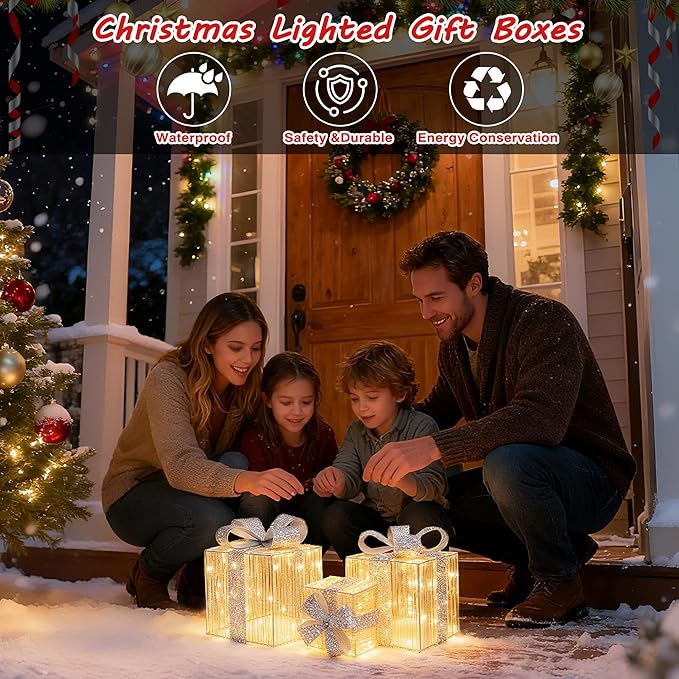 Set of 3 Christmas Lighted Gift Boxes - Pre Lit Presents Christmas Boxes Outdoor Lighted with Different Sizes for Holiday Indoor Outdoor Decoration (Silver, Small)