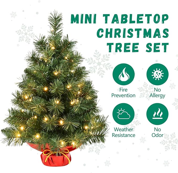 Pre-lit 2ft Small Christmas Tree, Leeheeyee Artificial mini Christmas Tree with 50 LED Lights, Battery Operated Tabletop Xmas Tree with Burlap Base for Table Desk Home Christmas Decor