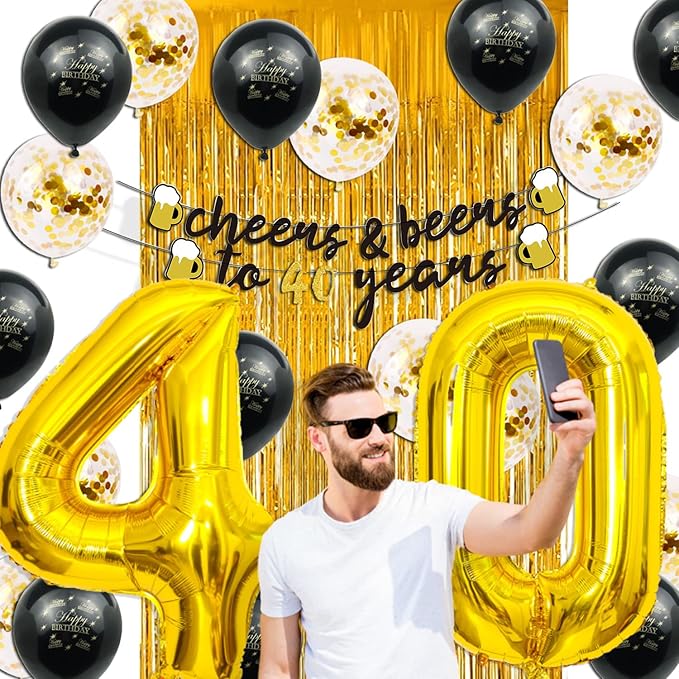 40th Birthday Decorations for Men, 40 Birthday Decorations with 40 Inch Gold 40 Number Balloons, Cheers to 40 Years Banner,Fringe Curtains and Cups Foil Balloons