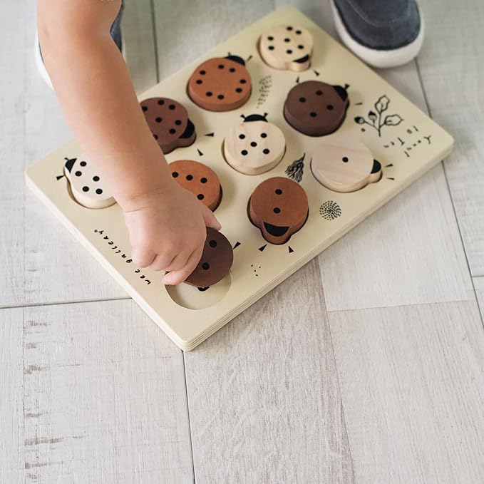 Wee Gallery Wooden Tray Puzzle Count to Ten Ladybugs, Montessori Toy for Toddlers and Preschoolers for Early Learning and Fine Motor Skill Development, Sustainable Educational Puzzle for Kids