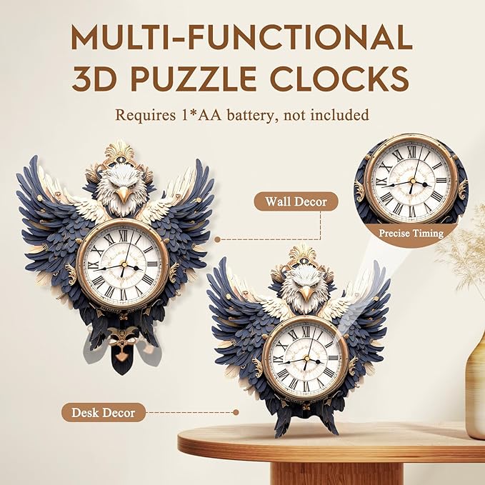 3D Puzzles for Adults Clock-Eagle Design Model Kit-Mechanical DIY Pendulum Clock with Roman Numerals-Desk Home Office Decor Personalized Gift for DIY Lovers