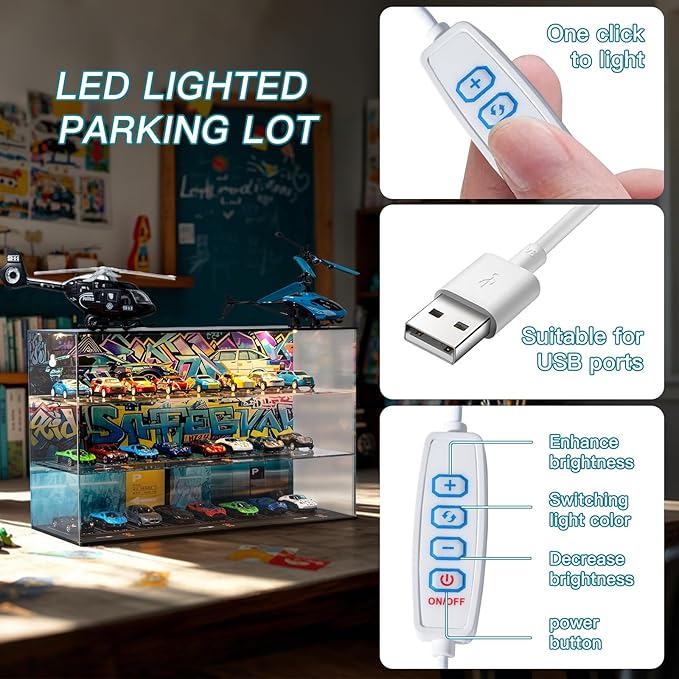 1/64 Scale Toy Car Garage Storage with Led Light, Model Car Display Case with Parking Lot Scene for Hot Wheels and Matchbox Cars, Die Cast Diorama for Alloy Car Model Aircraft with Airport