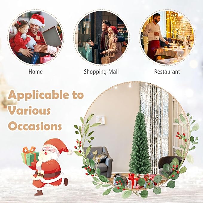 GOFLAME 5FT Prelit Pencil Christmas Tree, Slim Artificial Xmas Tree with 295 Memory Wire Branch Tips, 110 Warm White LED Lights & Upgraded Metal Stand, Seasonal Holiday Decoration Tree for Home Party