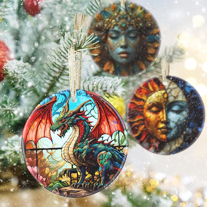 3.5 Inch Ceramic Christmas Tree Ornament, Flying Dragon Christmas Ornaments, Heirloom Keepsake, Gift Exchange, Gift Idea, Bauble Present