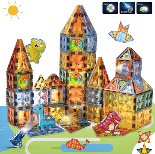 BINZKBB Magnetic Tiles Building Blocks,Lighted 3D Clear Educational STEM Construction Set,Preschool Sensory Magnet Dinosaur Creativity Toys for Kids Age 3 4 5 6 8+ Years Old Girls Boys Toddlers