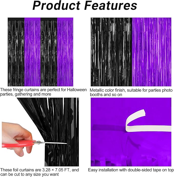 2 Pack Halloween Decor, 3.28 FT x 7.05 FT Purple and Black Foil Streamer, Metallic Fringe Curtains Tinsel Backdrop Party Streamer, Indoor Halloween Decorations Party Supplies Photo Booth Props