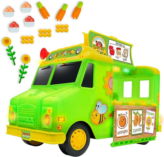 12" Farmer's Market Food Truck, Lights and Sounds, Includes 14 Play Pieces, Miniature Food, Pretend Play for Girls and Boys, Ages 3+