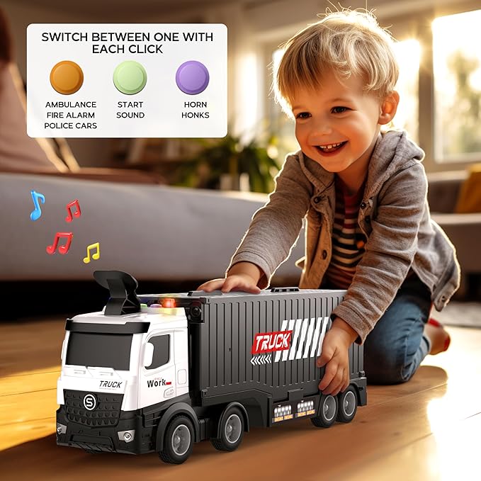 Carrier Truck Race Track Boys Toys, Foldable 3 Layer Toddler Track Playset,Toy Truck Transport Car Carrier & 8 Race Cars, Truck Toddlers Toys B-Day Gifts for Age 3 4 5 6+ Years Old Boys Toy