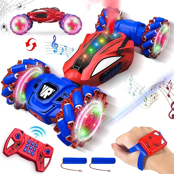 Spider Remote Control Car, Gesture Sensing Stunt Car, Spider Toys Gifts for Boys 4-6 6-8 8-12 Year Old, 2.4GHz 4WD Drift Hand Controlled Twist Cars, Off-Road 360° Rotating Cars with Lights Spray Music