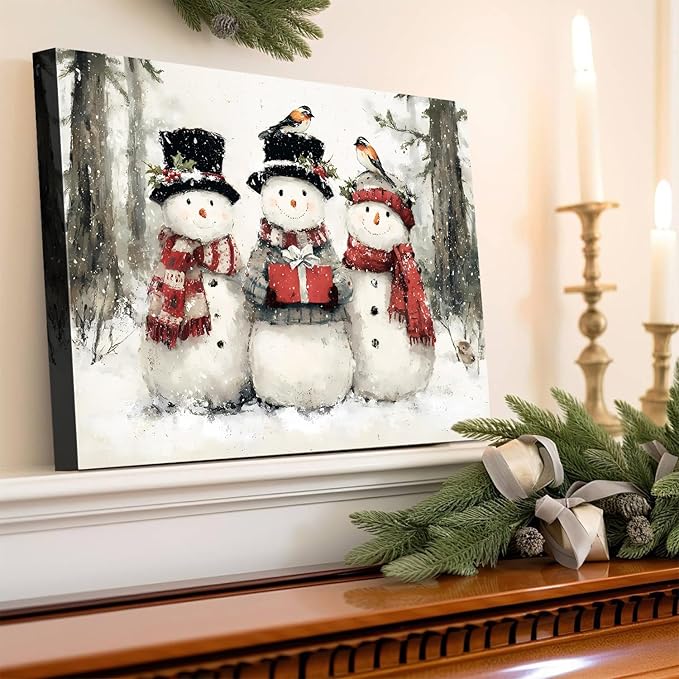 AbcCustomize Vintage Christmas Canvas Wall Art - Rustic Snowman Family Canvas Prints for Living Room Bedroom Home, Festive Winter Decor with Wooden Frame, Ideal Christmas Gifts & Holiday Decorations