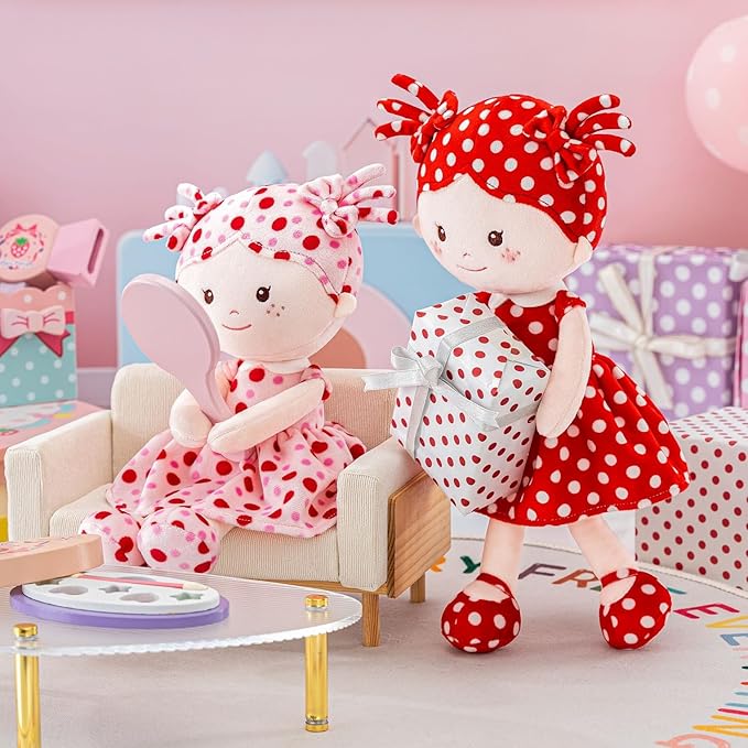 Onetoo First Baby Doll Soft Baby Doll for Girls Plush Rag Doll Sleeping Cuddle Buddy Doll Wear Pink Dress Red Polka Dot 14"